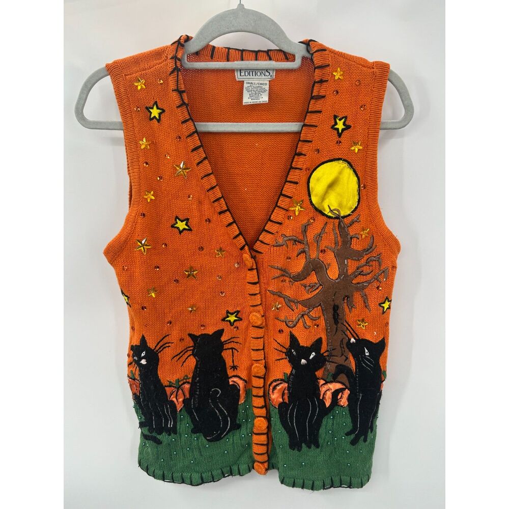 Vintage Basic Editions Halloween Patchwork Embroidered Sweater Vest Sz S Cat